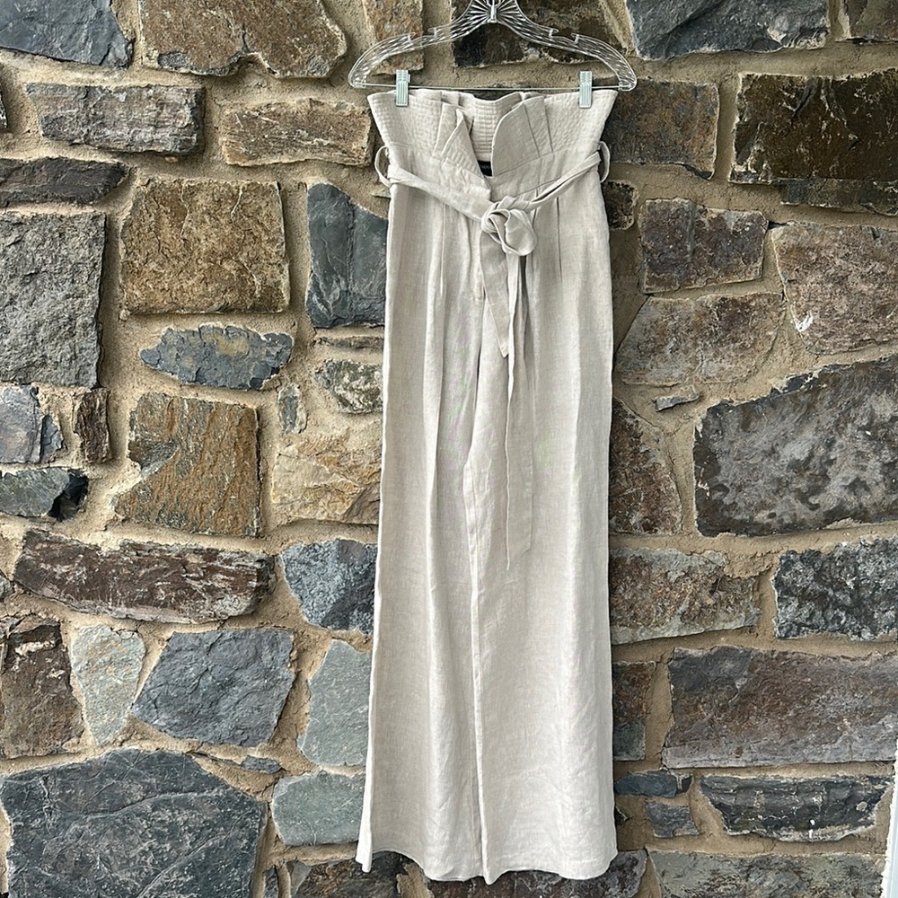 Padova Linen High Waist Paperbag Pleated Wide-Leg Pants in Beige Size 8 - Picture 4 of 10